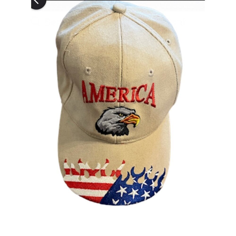 American Hat USA Baseball Cap Tan Patriotic Flag Flame Eagle Americana Retro